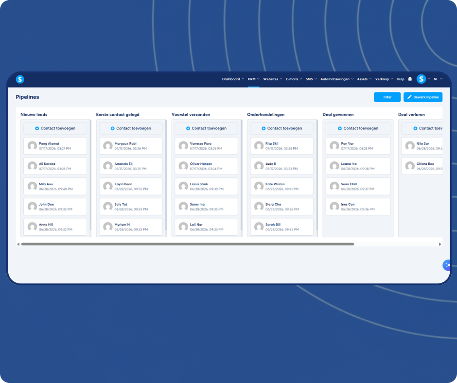 CRM pipeline view in systeme.io displaying leads organized by stages such as new leads, contact made, proposal sent, negotiation, won, and lost deals