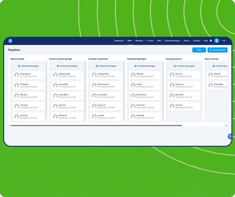 CRM pipeline board in systeme.io showing contacts distributed across stages from new leads to closed deals with drag-and-drop management