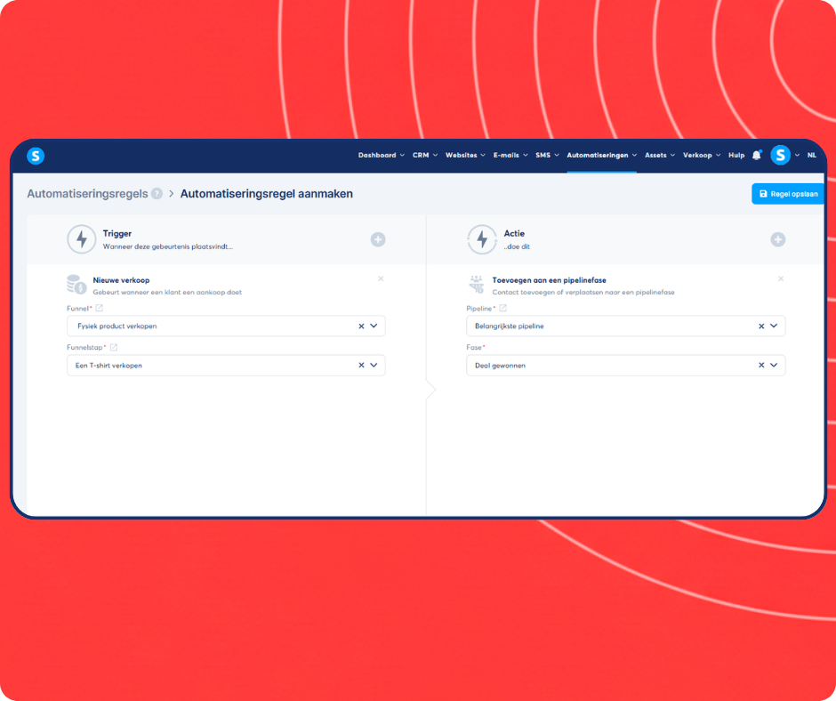 Automation rule setup in systeme.io assigning new sales to a specific CRM pipeline stage for streamlined deal tracking.