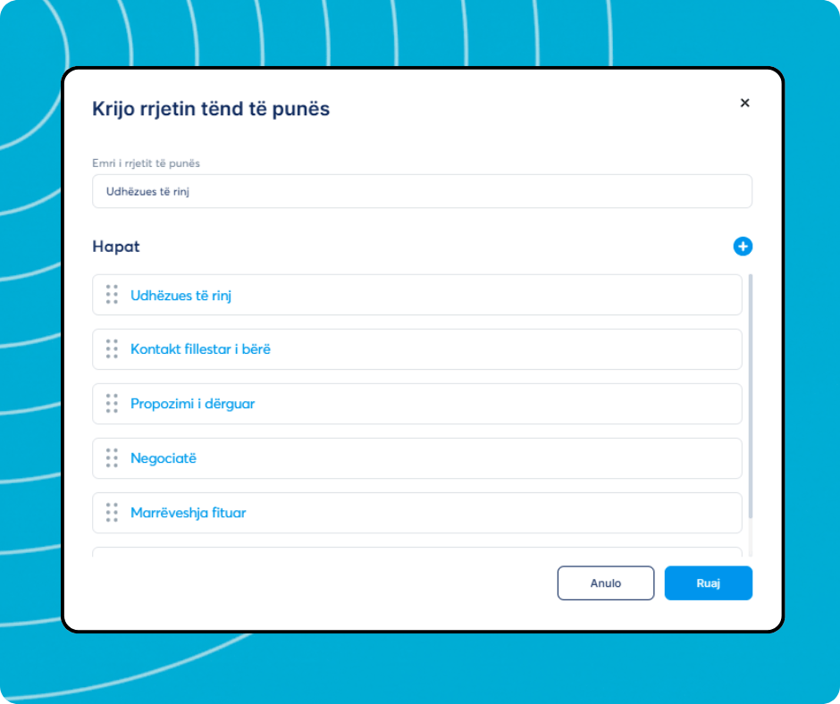Pipeline creation modal in systeme.io allowing users to define pipeline name and customize deal stages for lead management.