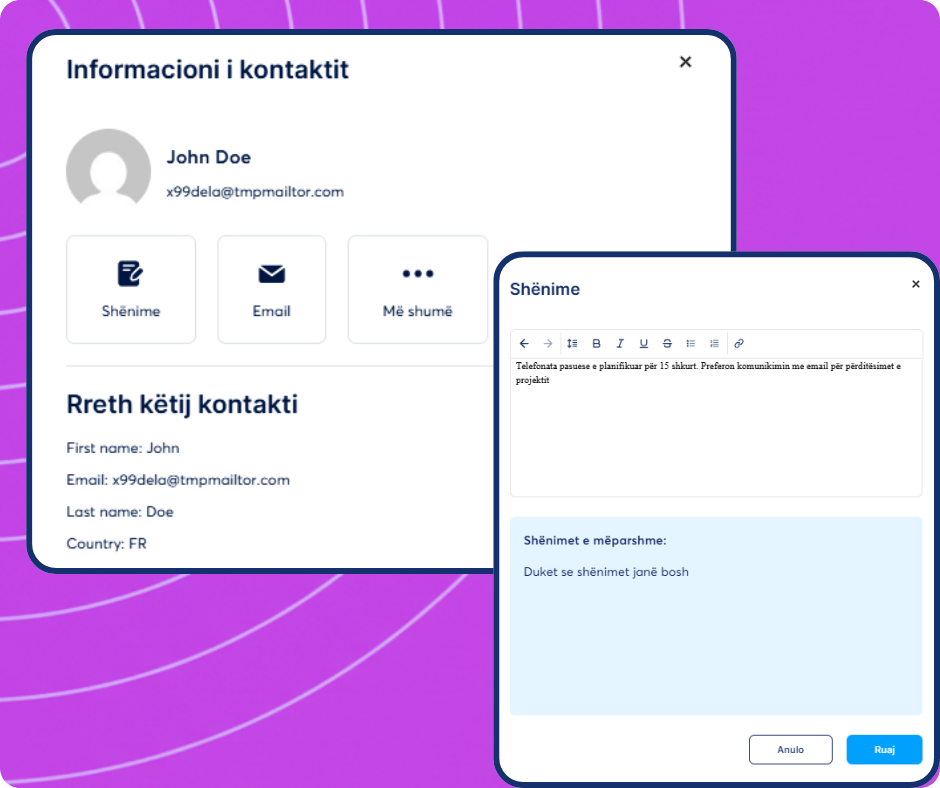 Contact details panel in systeme.io CRM with profile information, communication options, and notes editor for managing customer interactions.