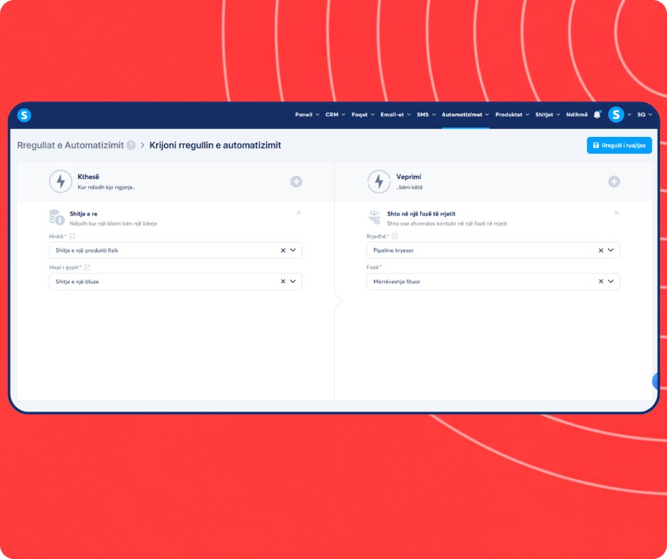 Automation rule setup in systeme.io assigning new sales to a specific CRM pipeline stage for streamlined deal tracking.