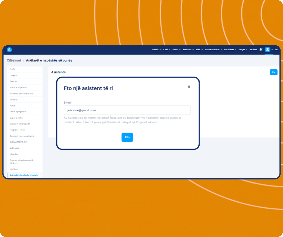 Invite assistant modal in systeme.io workspace settings allowing users to add team members by email and grant access to their account.