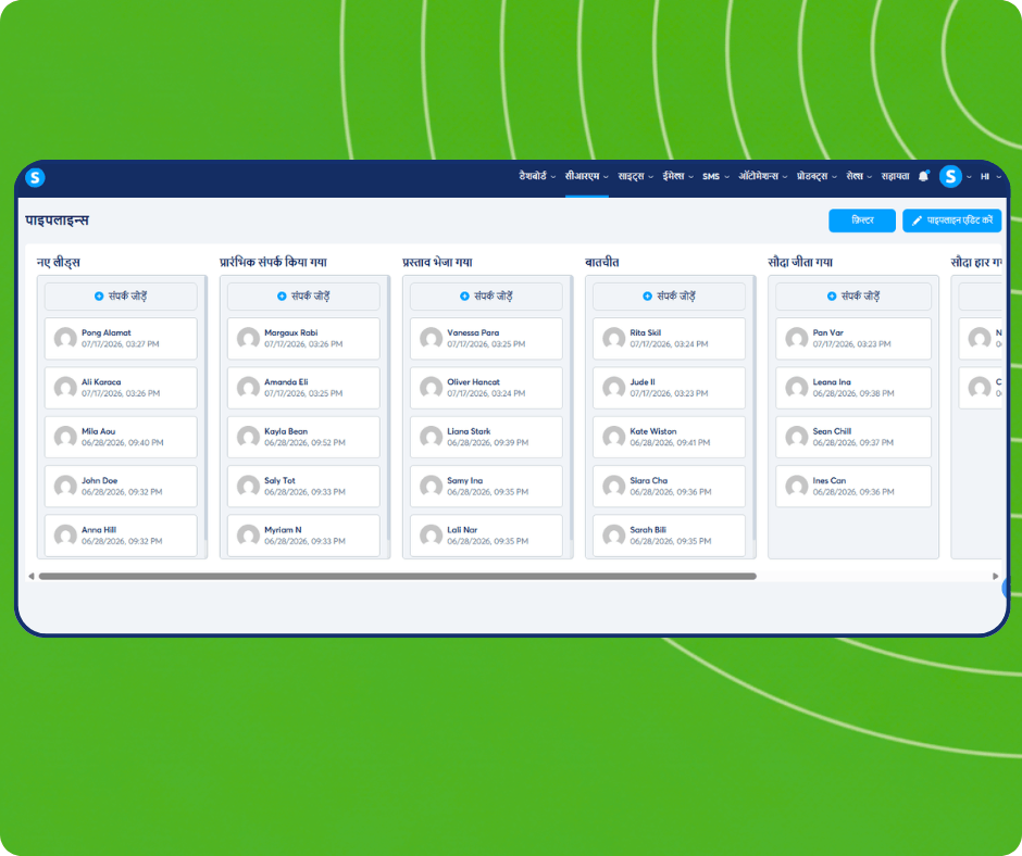 CRM pipeline board in systeme.io showing contacts distributed across stages from new leads to closed deals with drag-and-drop management