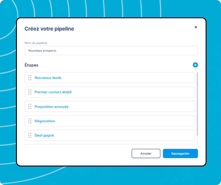 Pipeline creation modal in systeme.io allowing users to define pipeline name and customize deal stages for lead management.