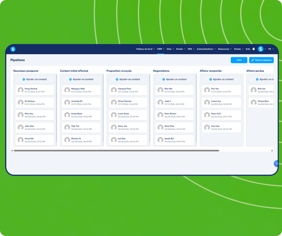 CRM pipeline board in systeme.io showing contacts distributed across stages from new leads to closed deals with drag-and-drop management