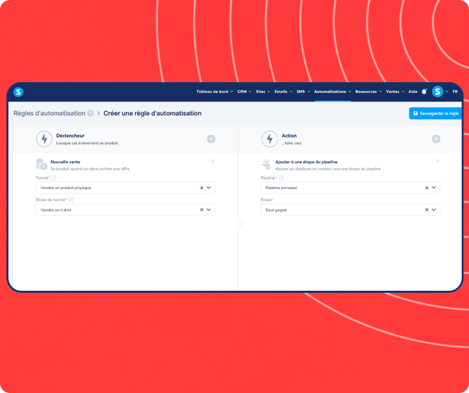 Automation rule setup in systeme.io assigning new sales to a specific CRM pipeline stage for streamlined deal tracking.