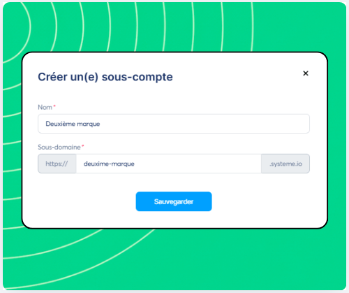 Sub-account creation form in systeme.io showing fields for workspace name and custom subdomain setup.