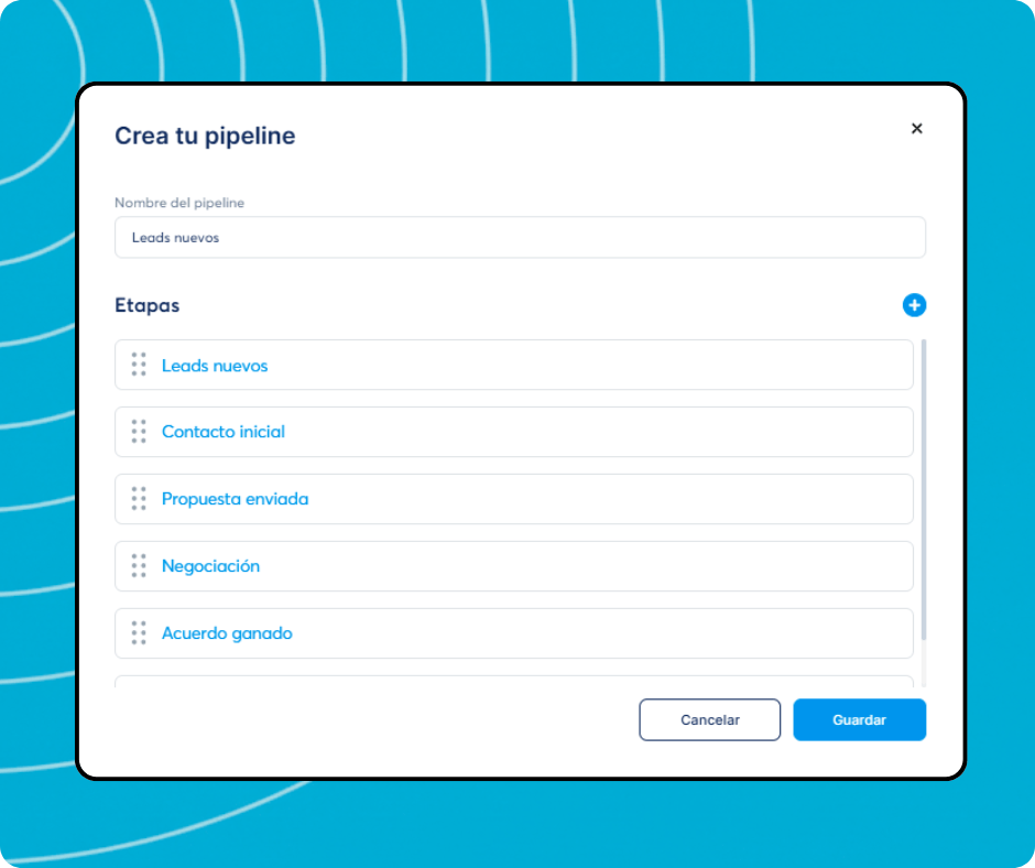 Pipeline creation modal in systeme.io allowing users to define pipeline name and customize deal stages for lead management.