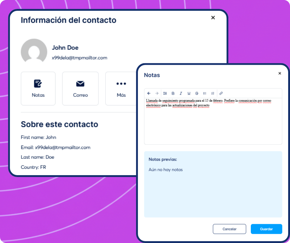 Contact details panel in systeme.io CRM with profile information, communication options, and notes editor for managing customer interactions.