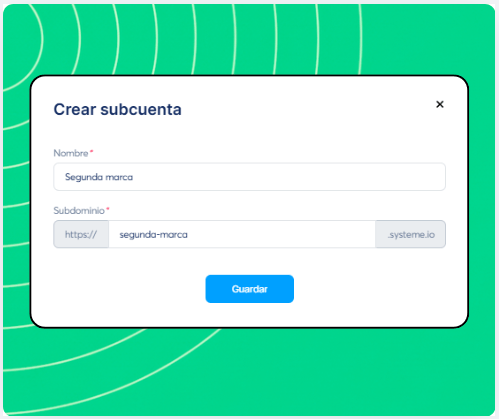 Sub-account creation form in systeme.io showing fields for workspace name and custom subdomain setup.
