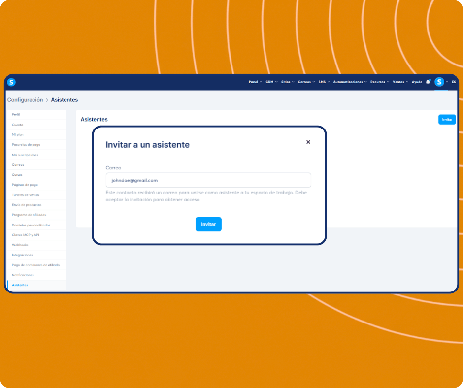 Invite assistant modal in systeme.io workspace settings allowing users to add team members by email and grant access to their account.