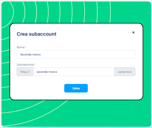 Sub-account creation form in systeme.io showing fields for workspace name and custom subdomain setup.