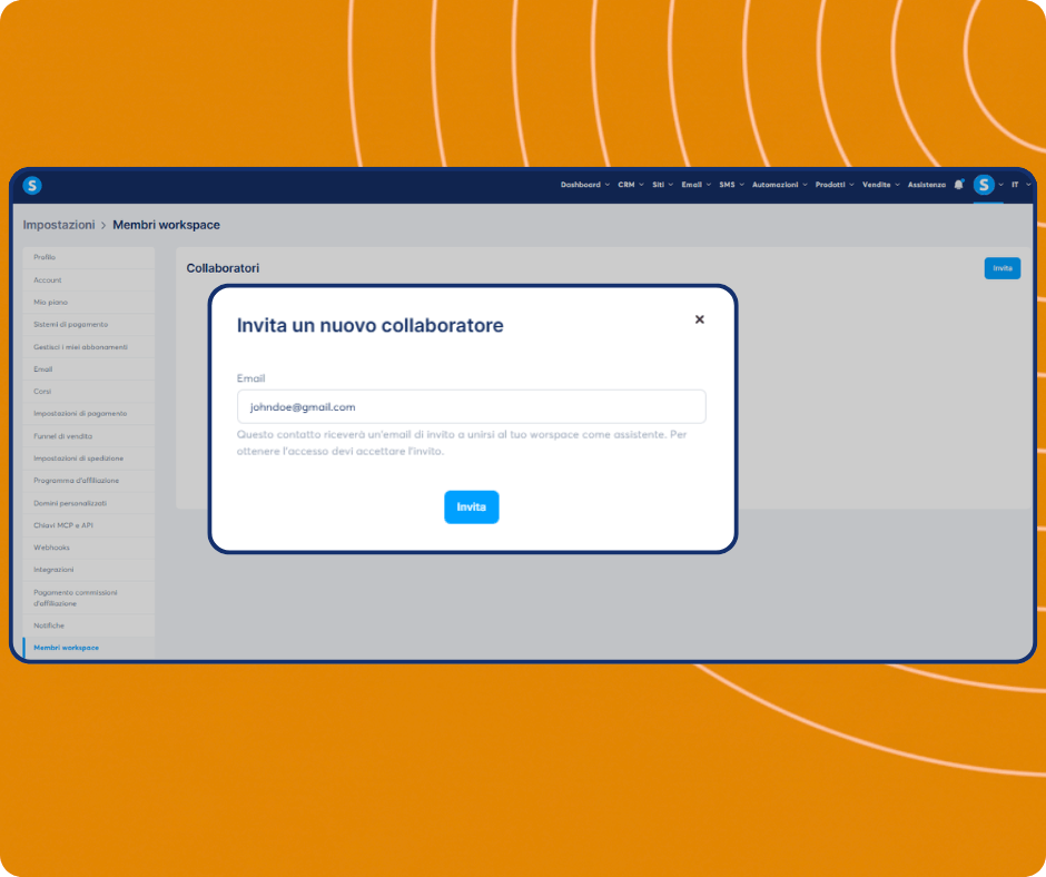 Invite assistant modal in systeme.io workspace settings allowing users to add team members by email and grant access to their account.