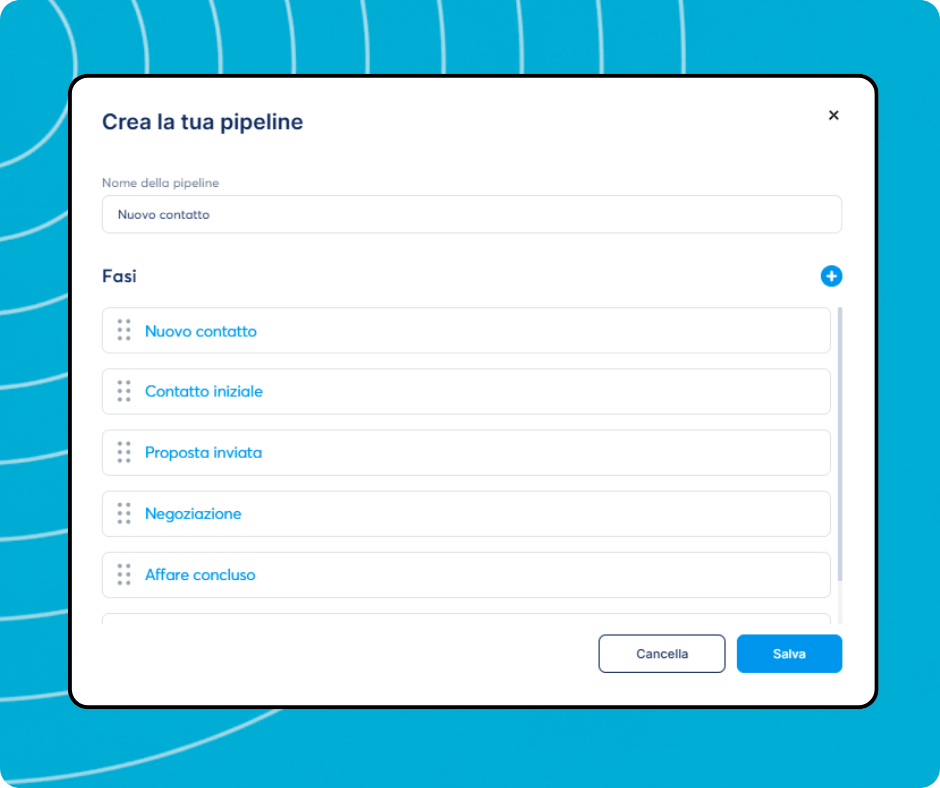Pipeline creation modal in systeme.io allowing users to define pipeline name and customize deal stages for lead management.