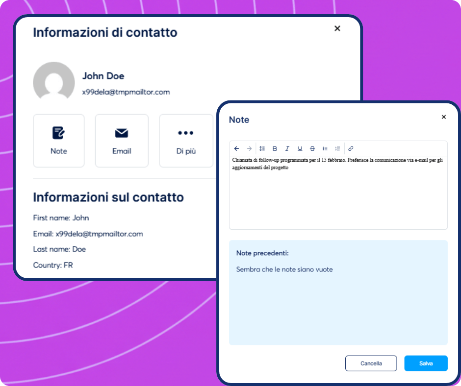 Contact details panel in systeme.io CRM with profile information, communication options, and notes editor for managing customer interactions.