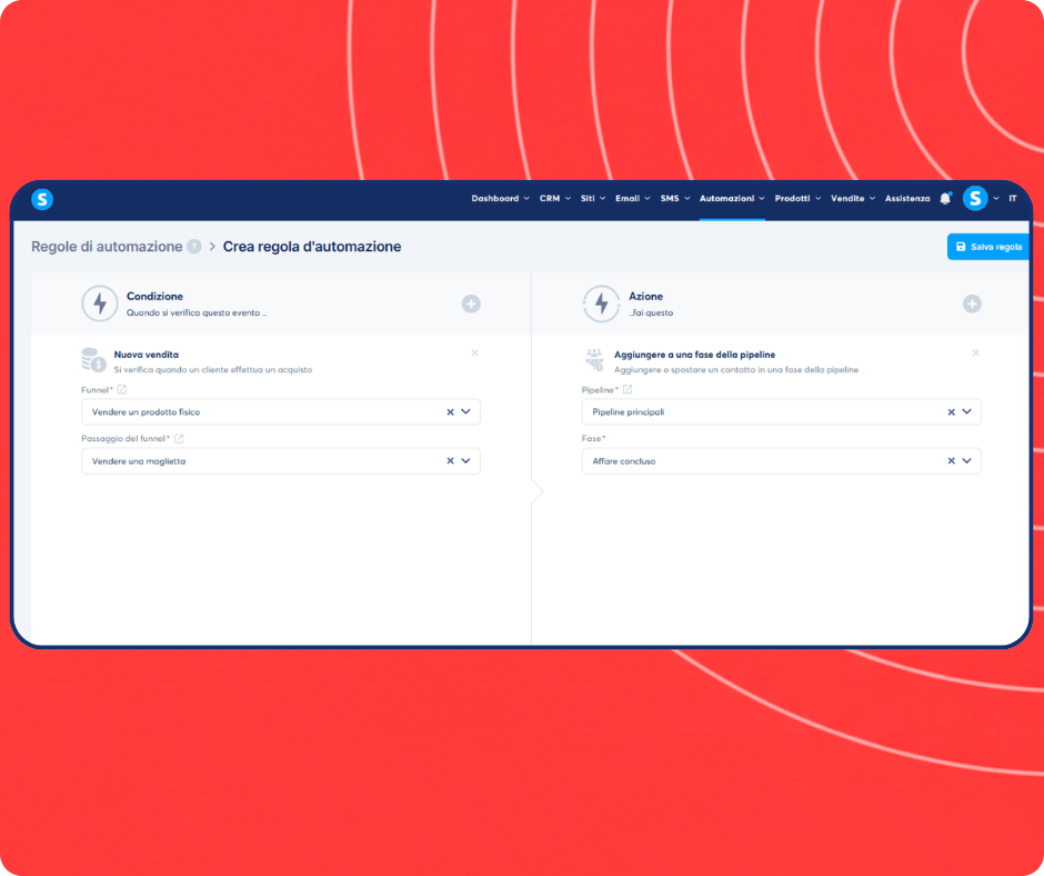 Automation rule setup in systeme.io assigning new sales to a specific CRM pipeline stage for streamlined deal tracking.