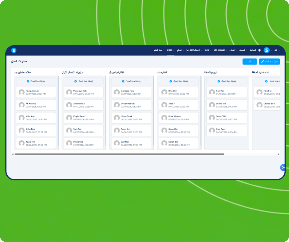 CRM pipeline board in systeme.io showing contacts distributed across stages from new leads to closed deals with drag-and-drop management