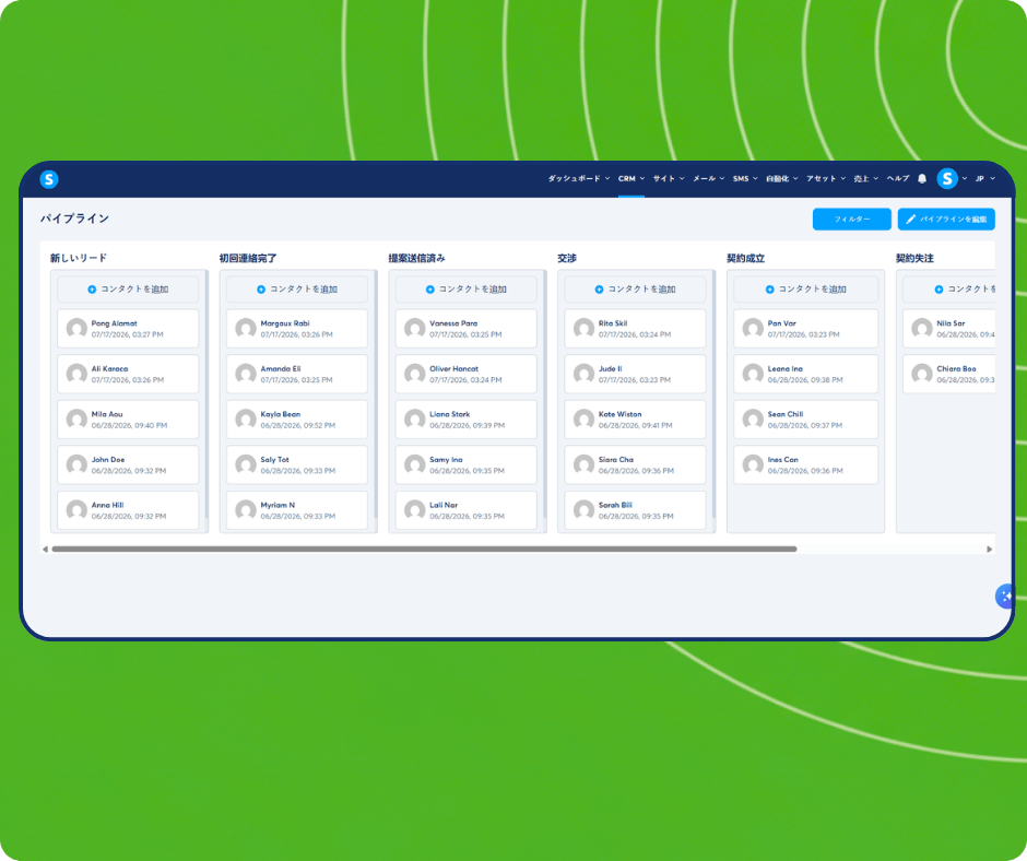 CRM pipeline board in systeme.io showing contacts distributed across stages from new leads to closed deals with drag-and-drop management