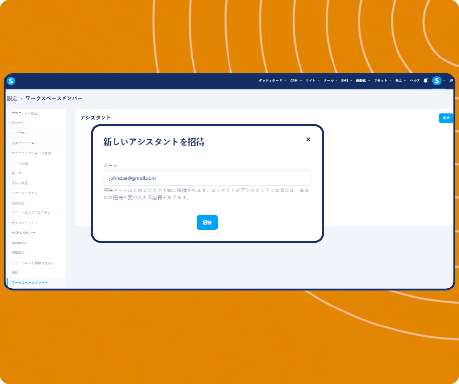 Invite assistant modal in systeme.io workspace settings allowing users to add team members by email and grant access to their account.