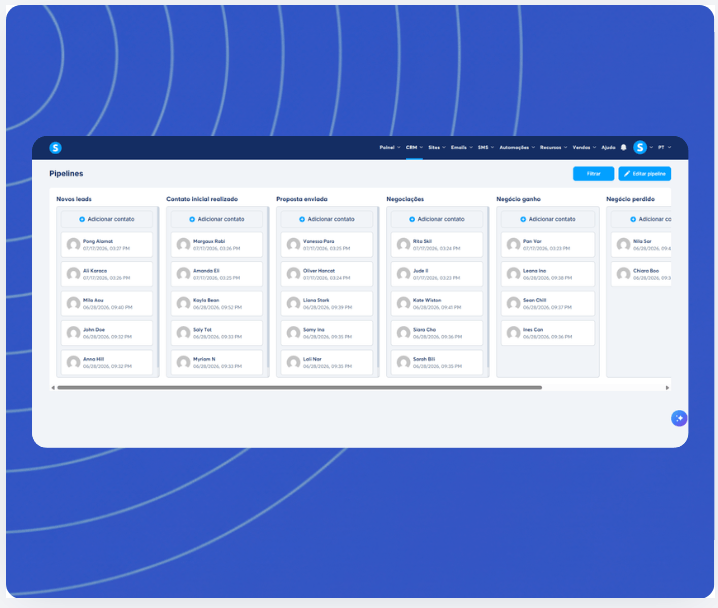 CRM pipeline view in systeme.io displaying leads organized by stages such as new leads, contact made, proposal sent, negotiation, won, and lost deals