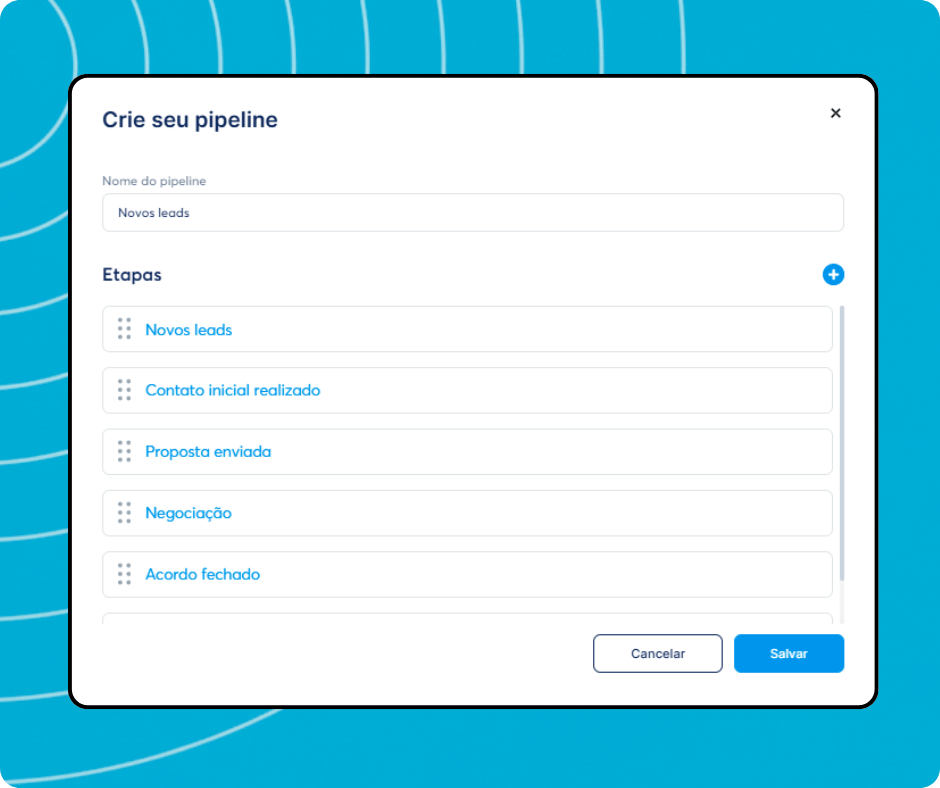 Pipeline creation modal in systeme.io allowing users to define pipeline name and customize deal stages for lead management.