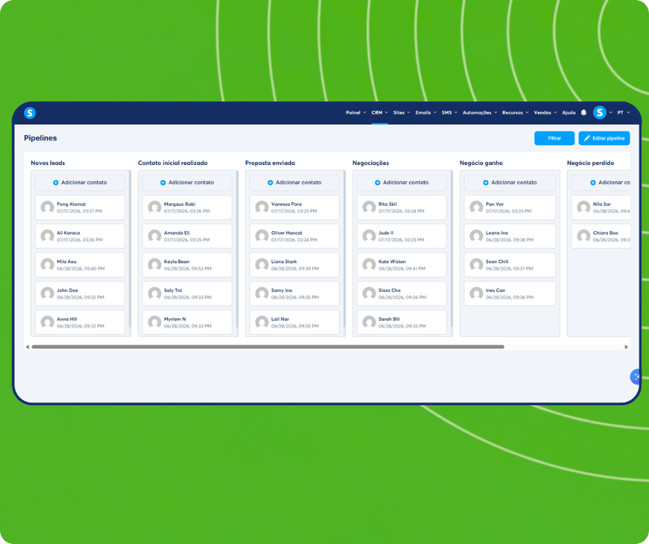 CRM pipeline board in systeme.io showing contacts distributed across stages from new leads to closed deals with drag-and-drop management