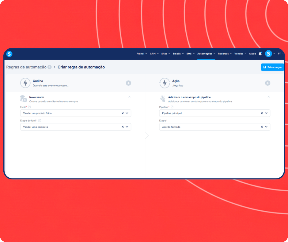 Automation rule setup in systeme.io assigning new sales to a specific CRM pipeline stage for streamlined deal tracking.