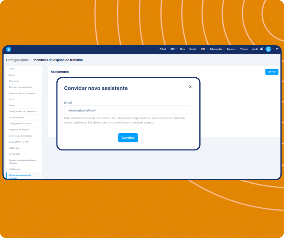 Invite assistant modal in systeme.io workspace settings allowing users to add team members by email and grant access to their account.