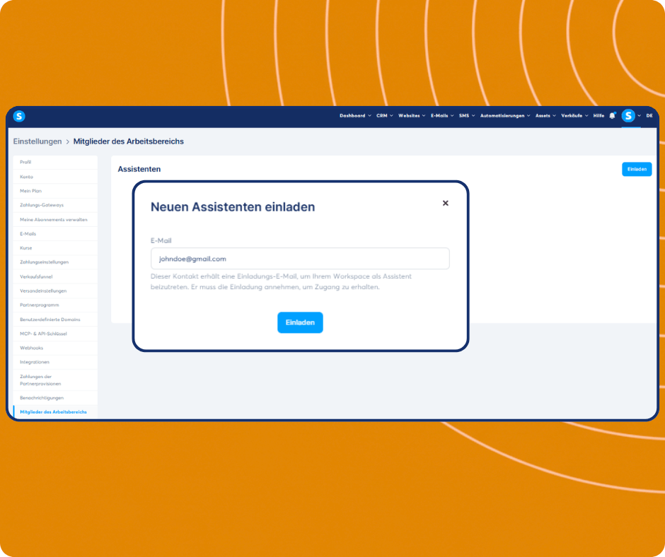 Invite assistant modal in systeme.io workspace settings allowing users to add team members by email and grant access to their account.