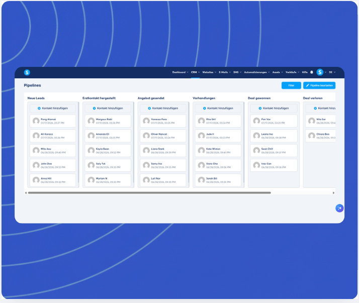 CRM pipeline view in systeme.io displaying leads organized by stages such as new leads, contact made, proposal sent, negotiation, won, and lost deals