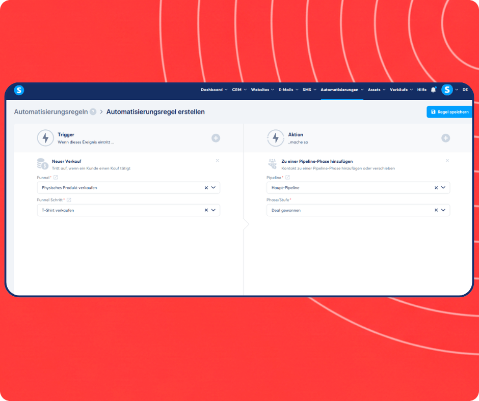 Automation rule setup in systeme.io assigning new sales to a specific CRM pipeline stage for streamlined deal tracking.
