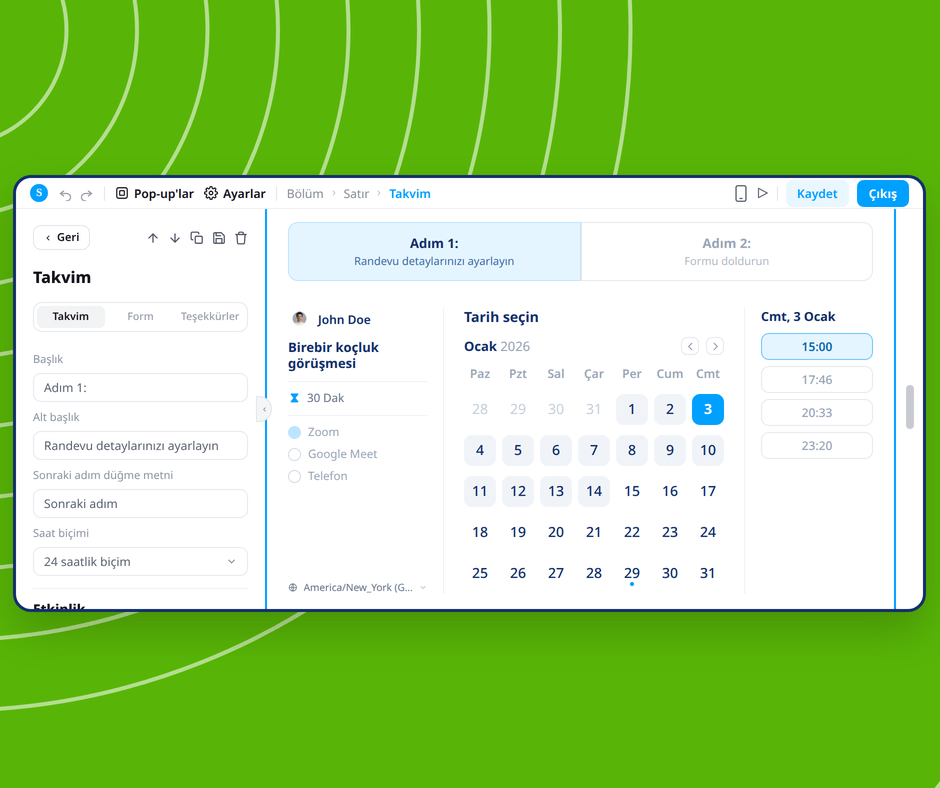 Calendar booking page editor in systeme.io showing visual customization of appointment scheduling with date and time selection interface.