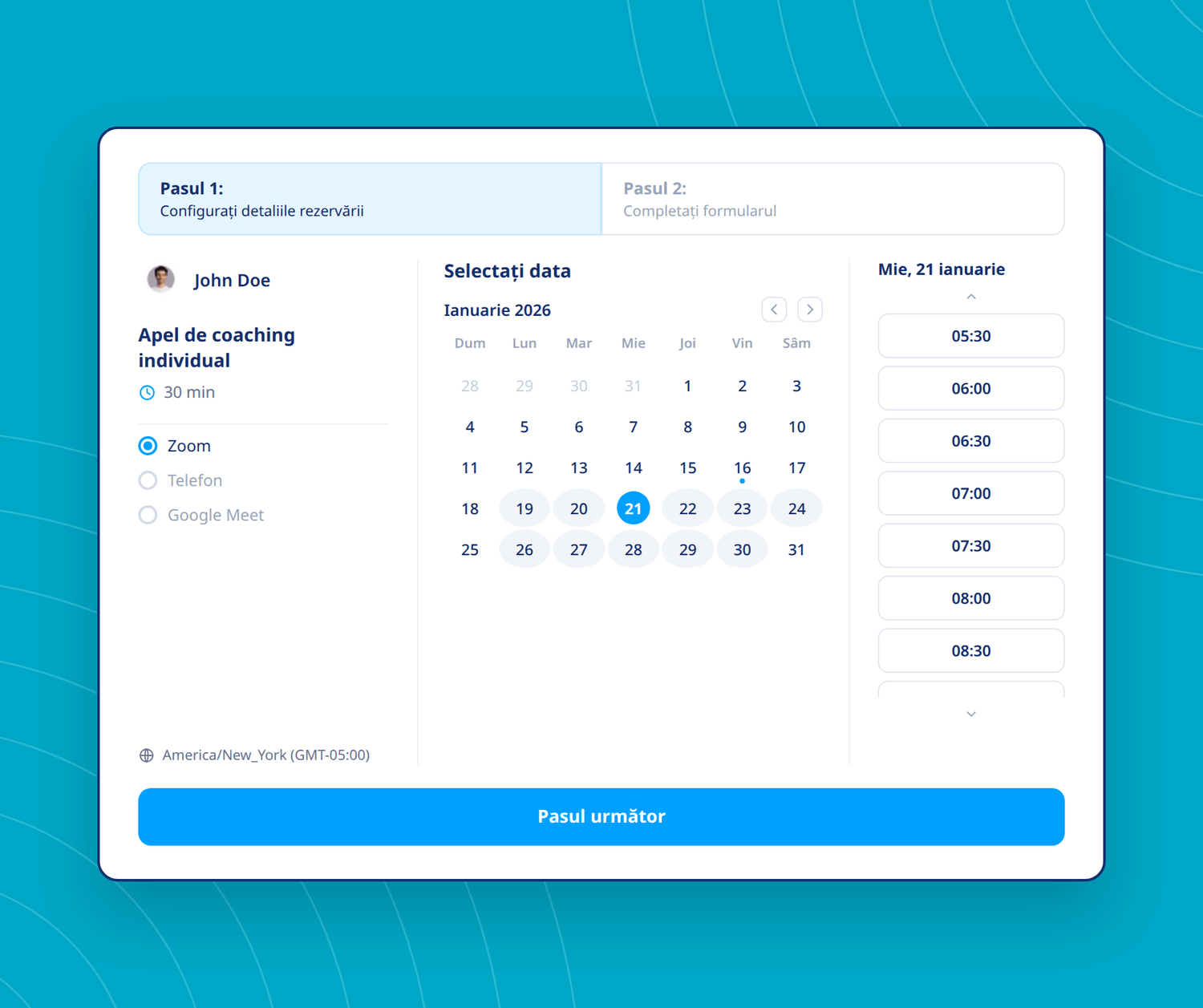 Online booking and appointment scheduling interface in systeme.io showing a calendar, time slot selection, and coaching session details.