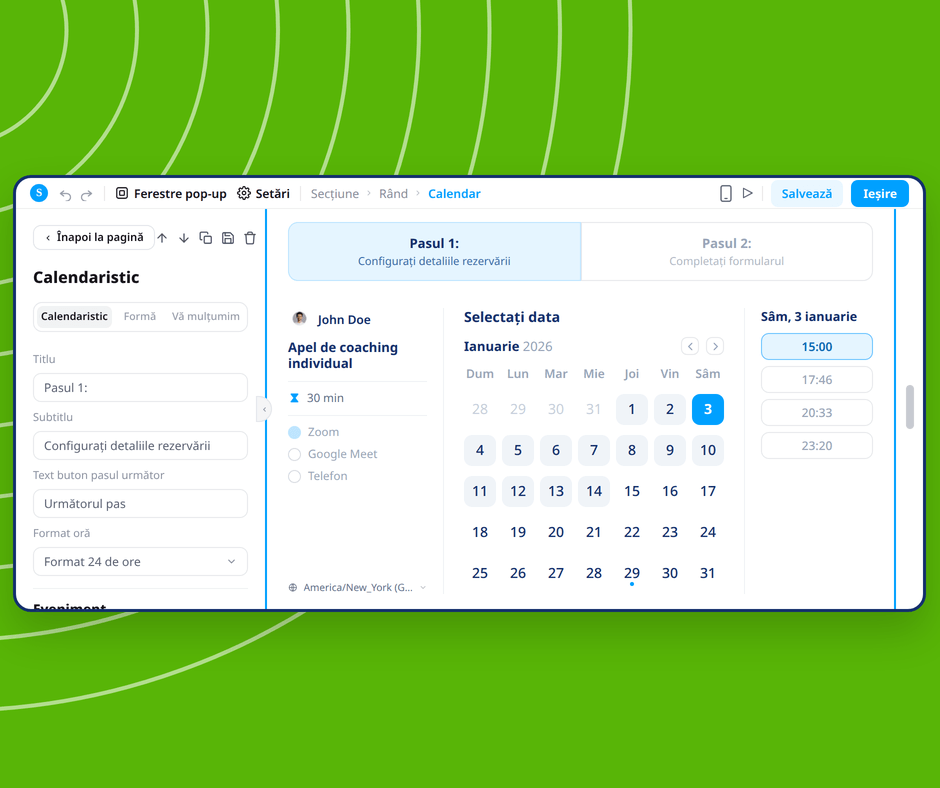 Calendar booking page editor in systeme.io showing visual customization of appointment scheduling with date and time selection interface.