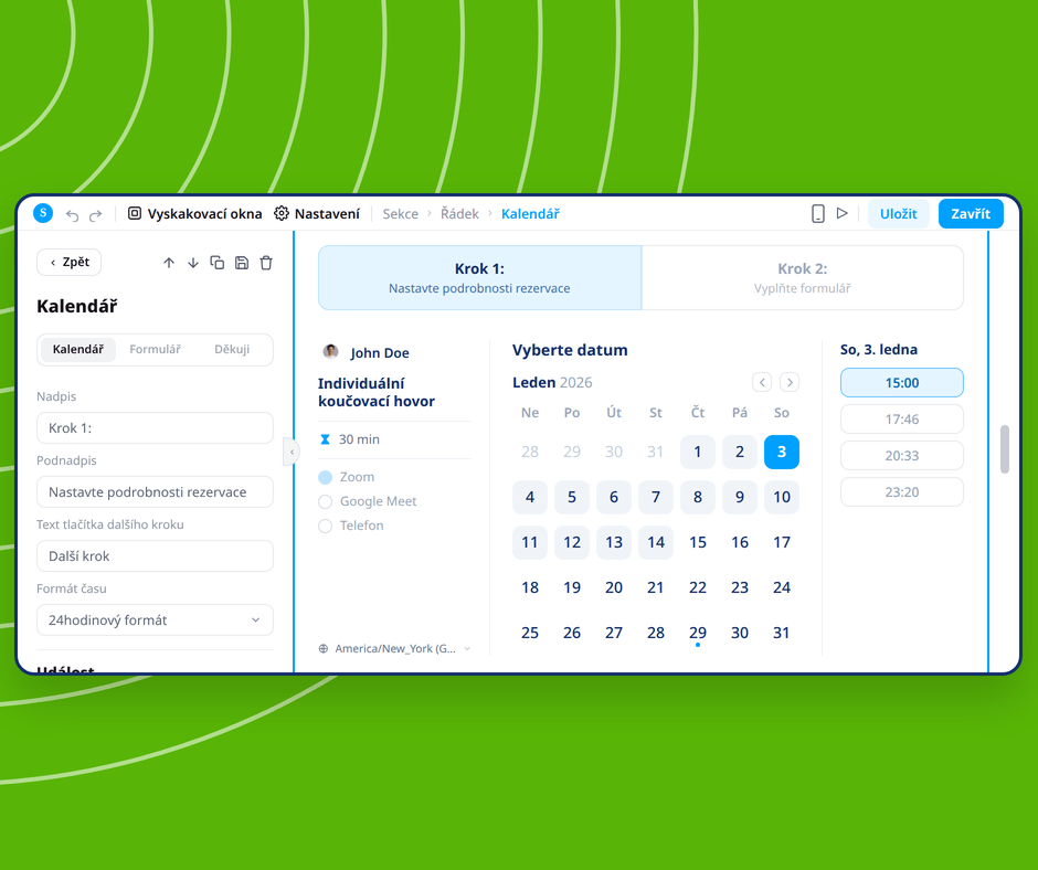 Calendar booking page editor in systeme.io showing visual customization of appointment scheduling with date and time selection interface.