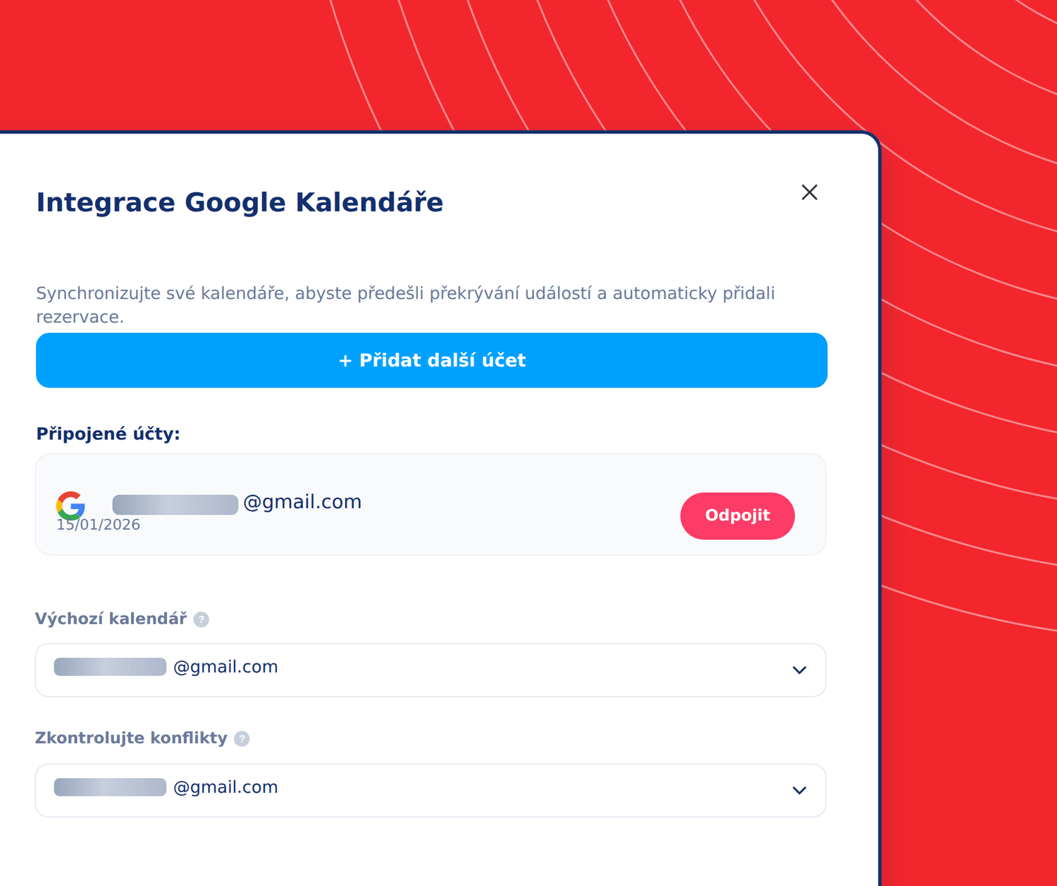 Google Calendar integration settings in systeme.io showing connected accounts, default calendar selection, and conflict checking options.