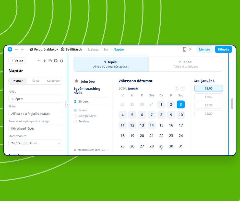 Calendar booking page editor in systeme.io showing visual customization of appointment scheduling with date and time selection interface.