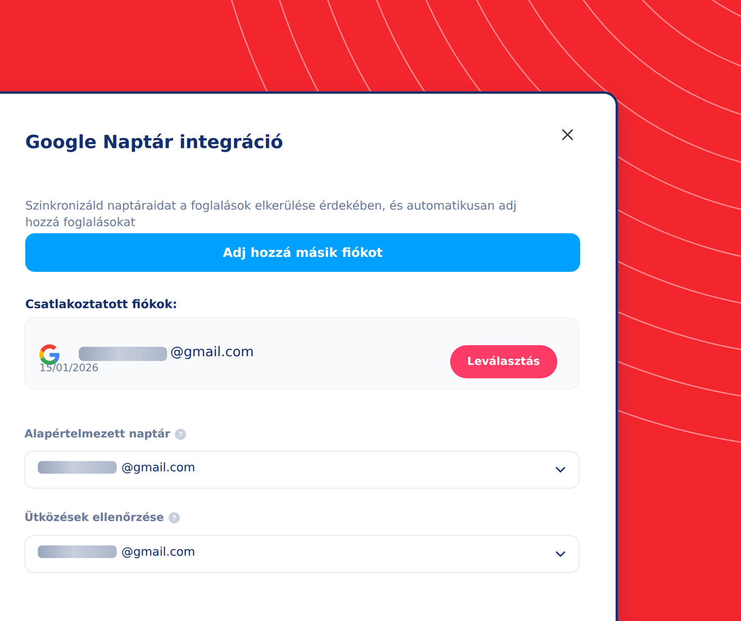 Google Calendar integration settings in systeme.io showing connected accounts, default calendar selection, and conflict checking options.