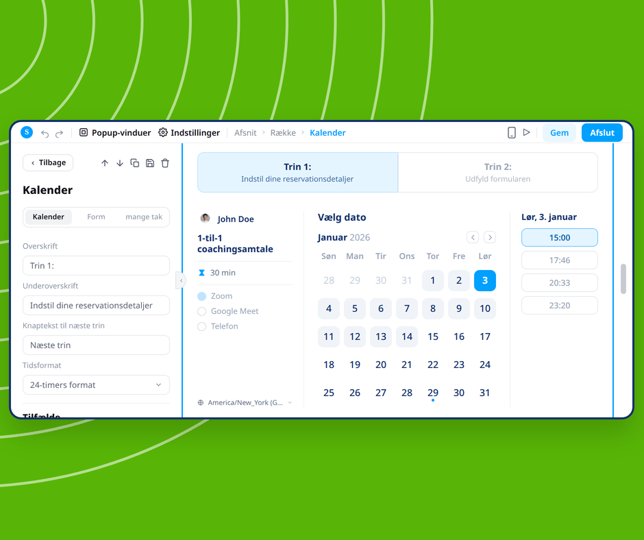 Calendar booking page editor in systeme.io showing visual customization of appointment scheduling with date and time selection interface.