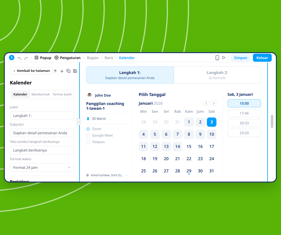 Calendar booking page editor in systeme.io showing visual customization of appointment scheduling with date and time selection interface.