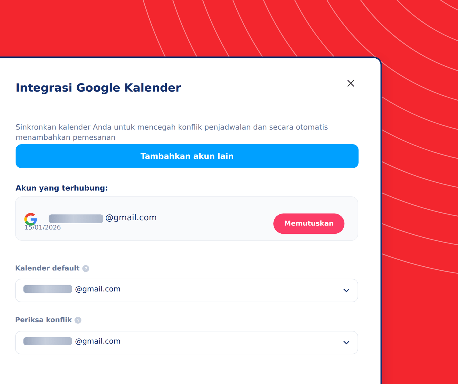 Google Calendar integration settings in systeme.io showing connected accounts, default calendar selection, and conflict checking options.