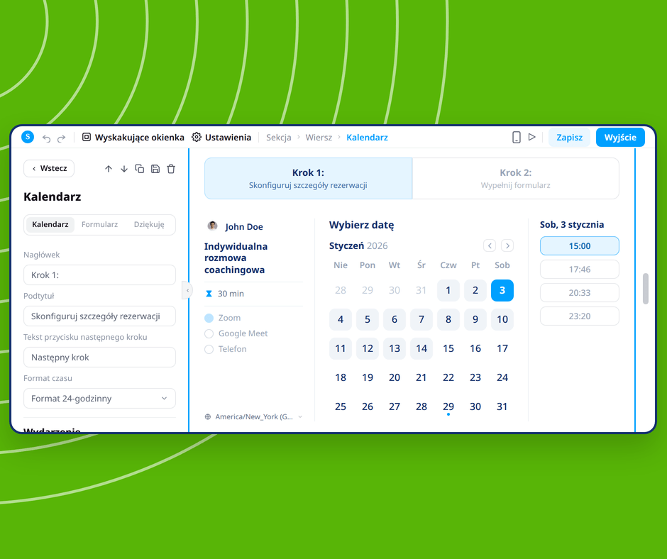 Calendar booking page editor in systeme.io showing visual customization of appointment scheduling with date and time selection interface.