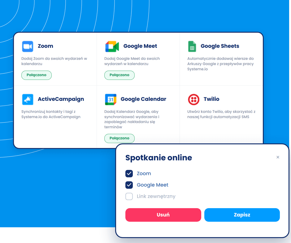 Third-party integrations dashboard in systeme.io showing connections like Zoom, Google Meet, Google Sheets, and Google Calendar with online meeting setup options.