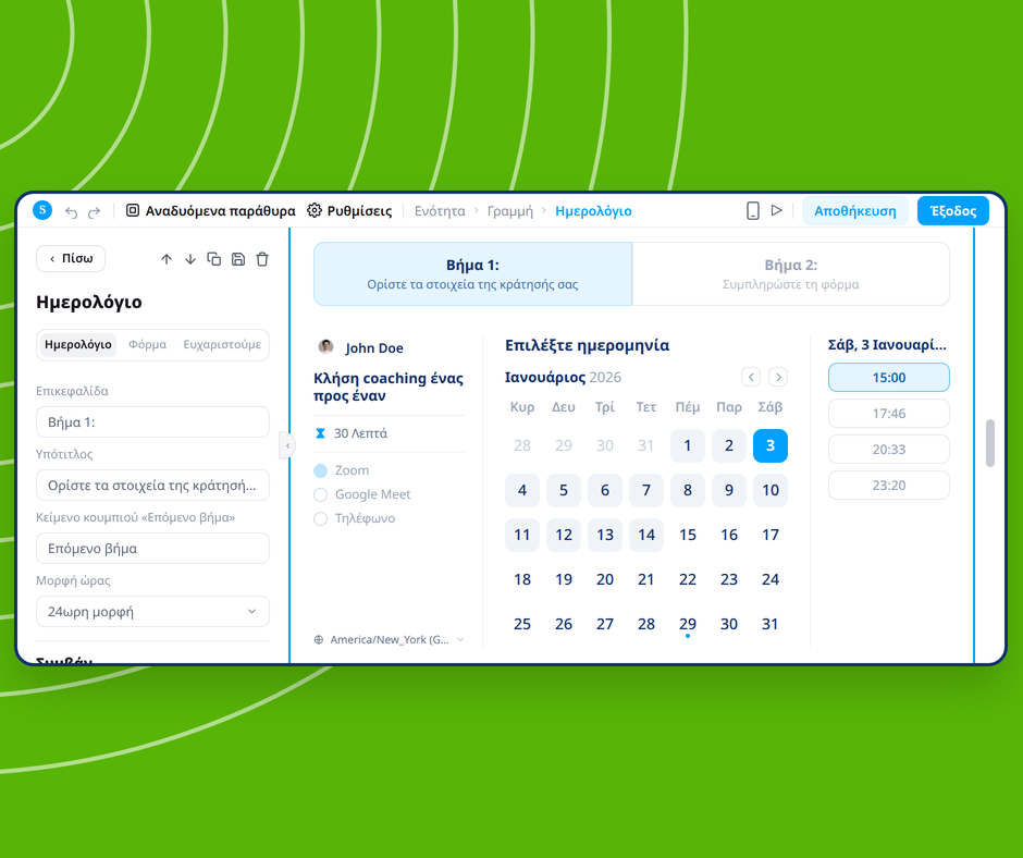 Calendar booking page editor in systeme.io showing visual customization of appointment scheduling with date and time selection interface.