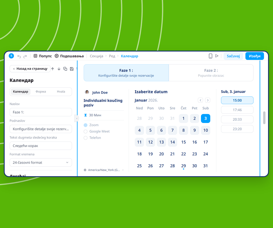 Calendar booking page editor in systeme.io showing visual customization of appointment scheduling with date and time selection interface.