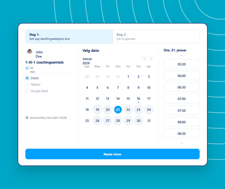 Online booking and appointment scheduling interface in systeme.io showing a calendar, time slot selection, and coaching session details.