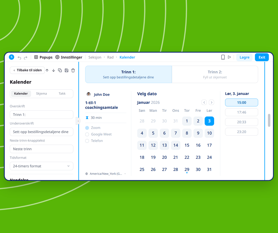 Calendar booking page editor in systeme.io showing visual customization of appointment scheduling with date and time selection interface.