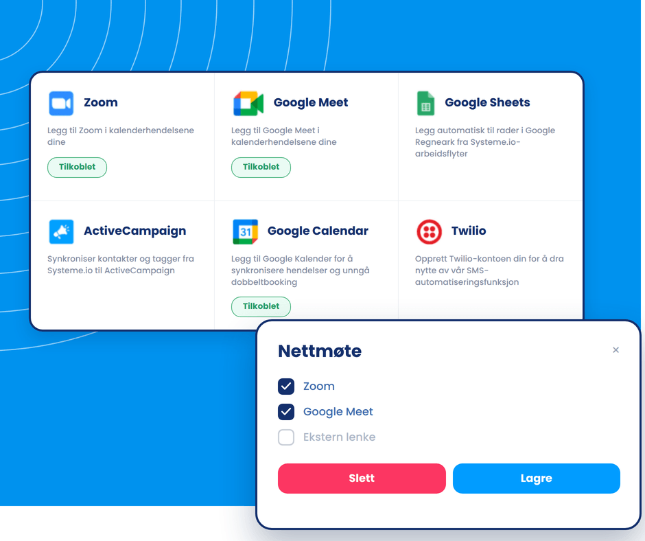 Third-party integrations dashboard in systeme.io showing connections like Zoom, Google Meet, Google Sheets, and Google Calendar with online meeting setup options.