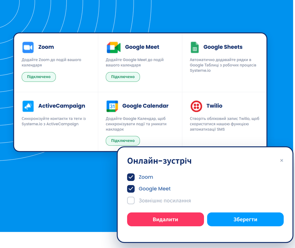 Third-party integrations dashboard in systeme.io showing connections like Zoom, Google Meet, Google Sheets, and Google Calendar with online meeting setup options.